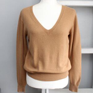 QUALFORT Women's Tan Sweater Cotton Long Sleeve Pullover V-Neck Sweater Medium